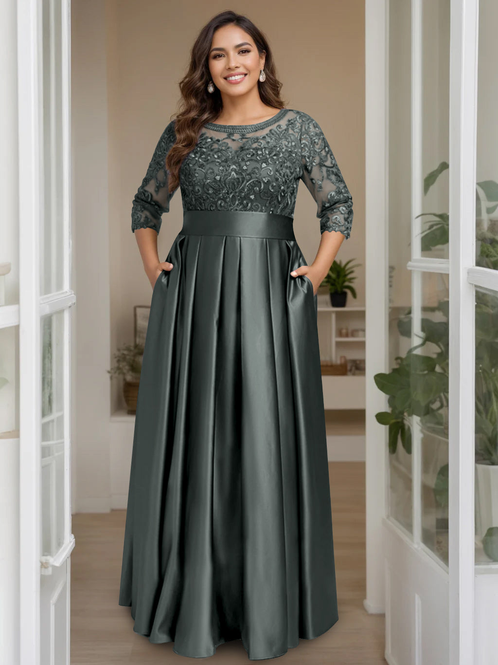 Plus Size Floor-Length Mother of the Bride A-Line Dress with 3/4 Sleeves Scoop Neck Bow & Sequins-BMbridal