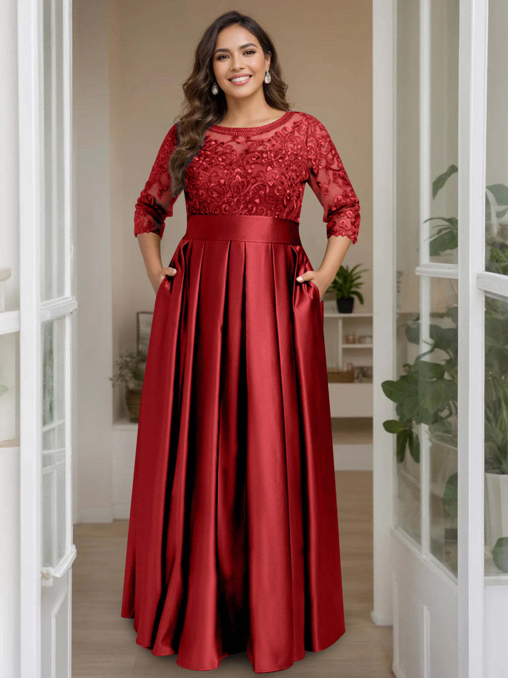 Plus Size Floor-Length Mother of the Bride A-Line Dress with 3/4 Sleeves Scoop Neck Bow & Sequins-BMbridal