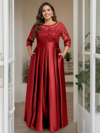 Plus Size Floor-Length Mother of the Bride A-Line Dress with 3/4 Sleeves Scoop Neck Bow & Sequins-BMbridal