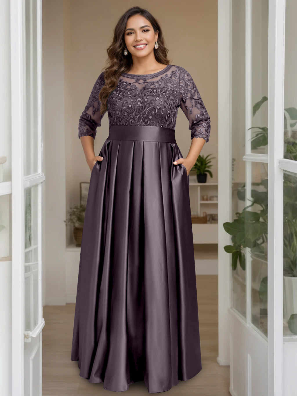 Plus Size Floor-Length Mother of the Bride A-Line Dress with 3/4 Sleeves Scoop Neck Bow & Sequins-BMbridal