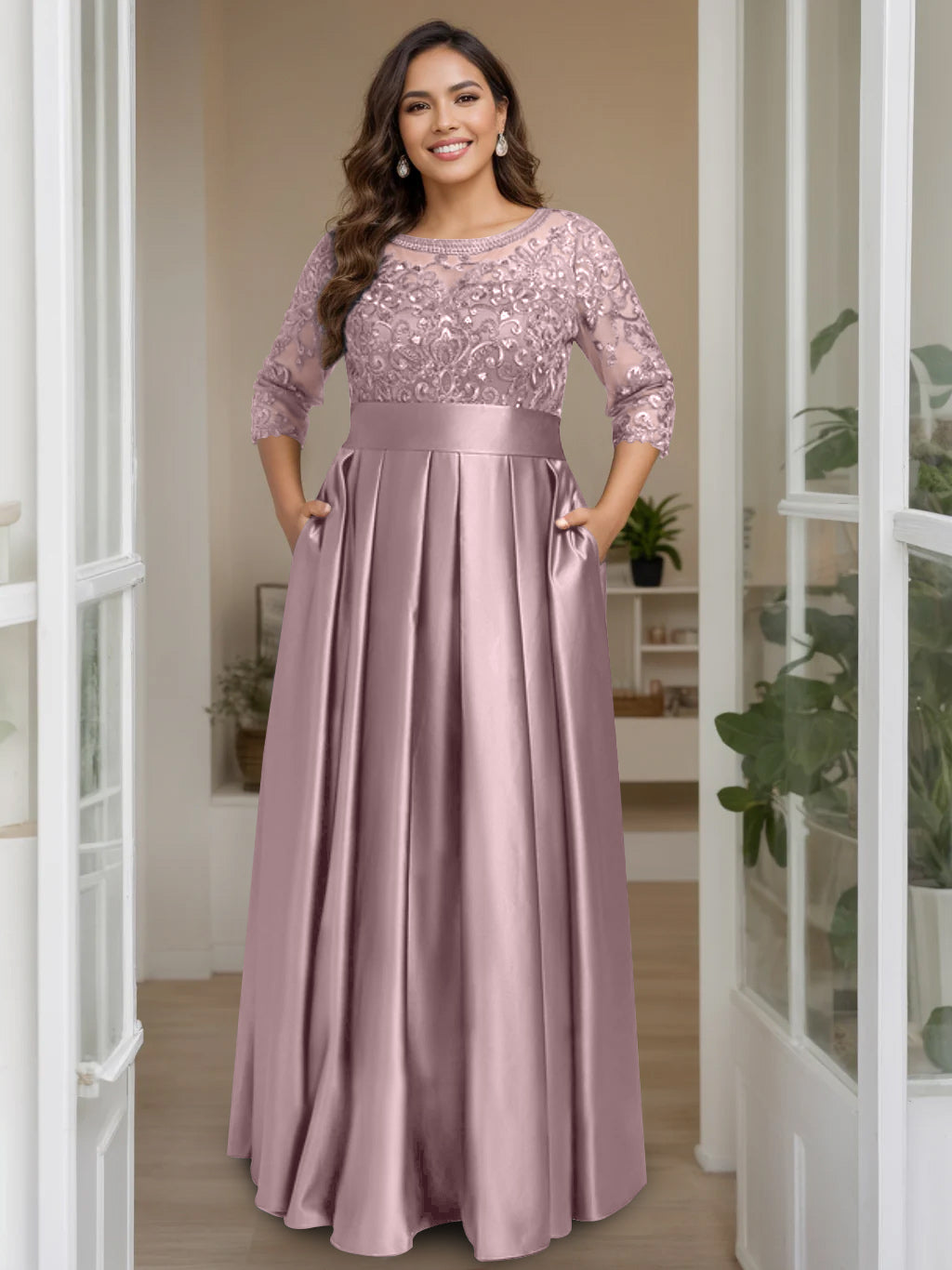 Plus Size Floor-Length Mother of the Bride A-Line Dress with 3/4 Sleeves Scoop Neck Bow & Sequins-BMbridal