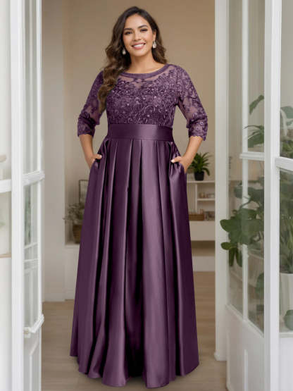 Plus Size Floor-Length Mother of the Bride A-Line Dress with 3/4 Sleeves Scoop Neck Bow & Sequins-BMbridal