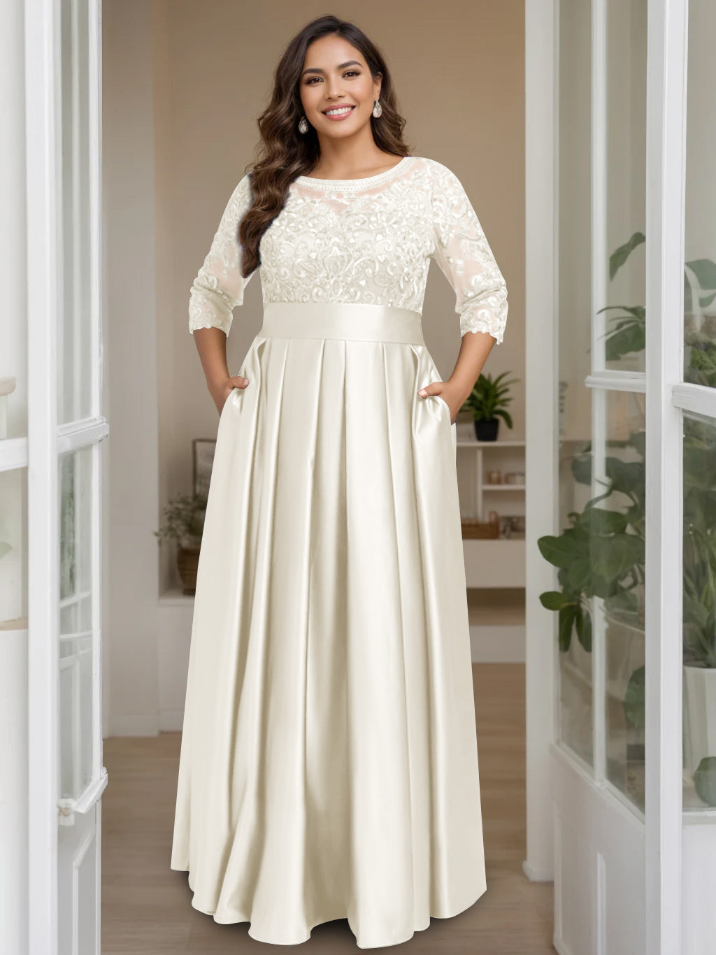 Plus Size Floor-Length Mother of the Bride A-Line Dress with 3/4 Sleeves Scoop Neck Bow & Sequins-BMbridal