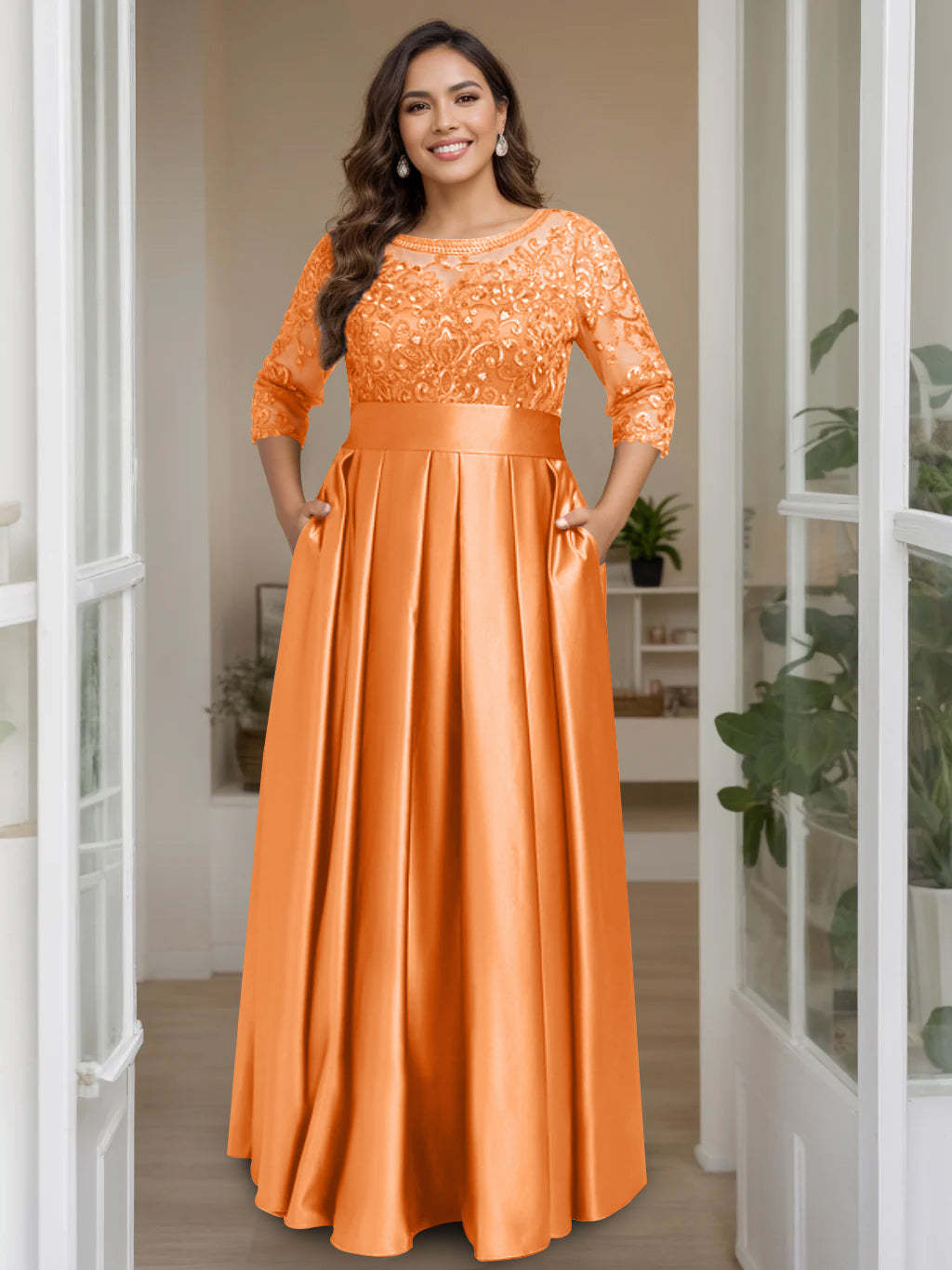Plus Size Floor-Length Mother of the Bride A-Line Dress with 3/4 Sleeves Scoop Neck Bow & Sequins-BMbridal