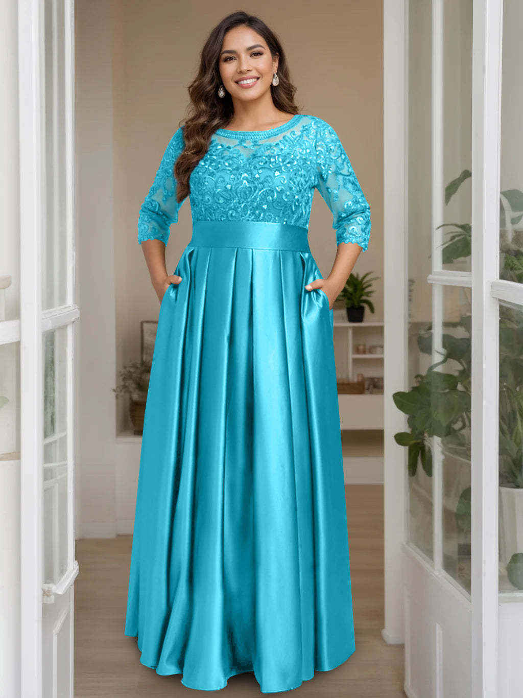 Plus Size Floor-Length Mother of the Bride A-Line Dress with 3/4 Sleeves Scoop Neck Bow & Sequins-BMbridal