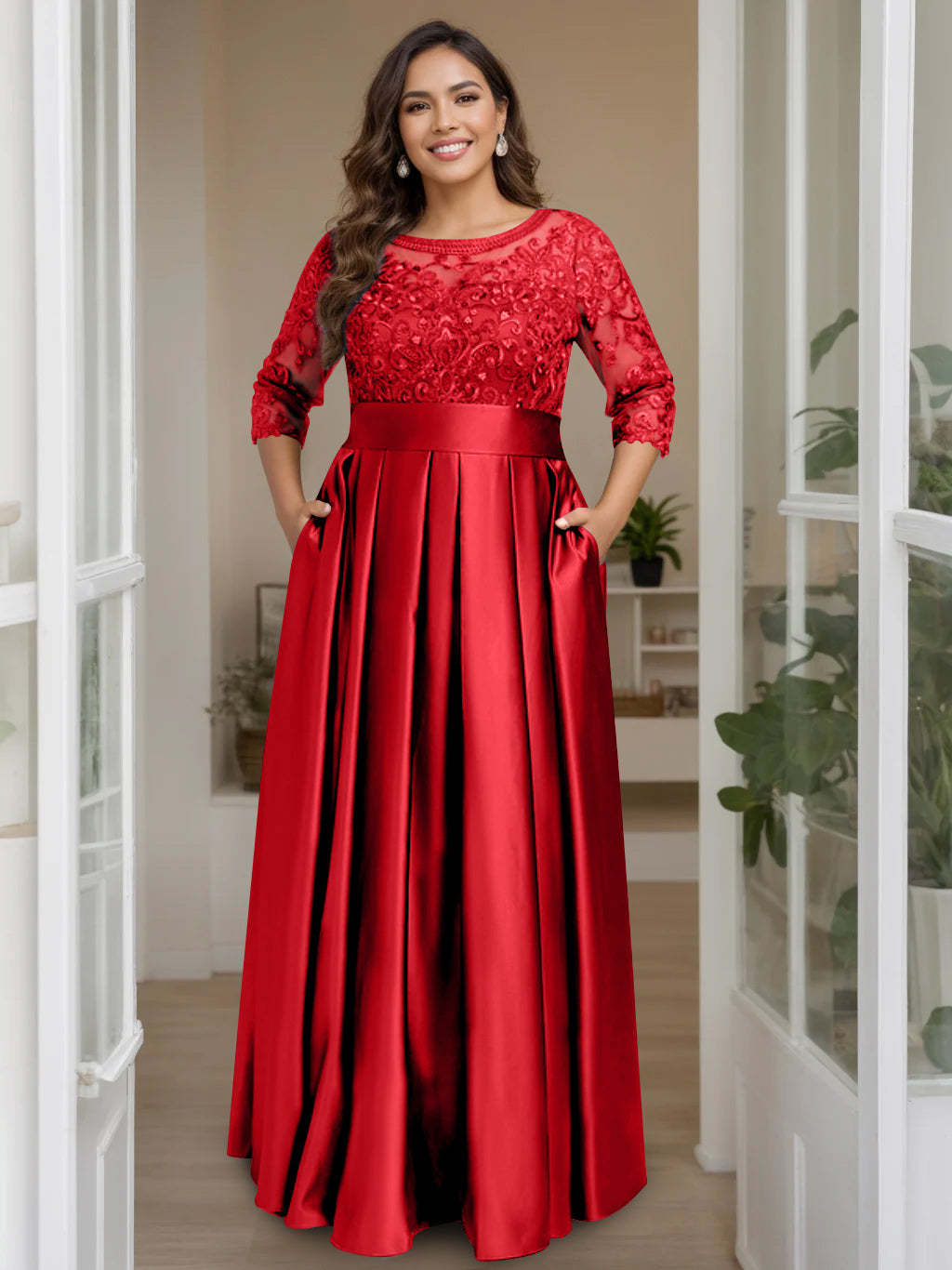 Plus Size Floor-Length Mother of the Bride A-Line Dress with 3/4 Sleeves Scoop Neck Bow & Sequins-BMbridal