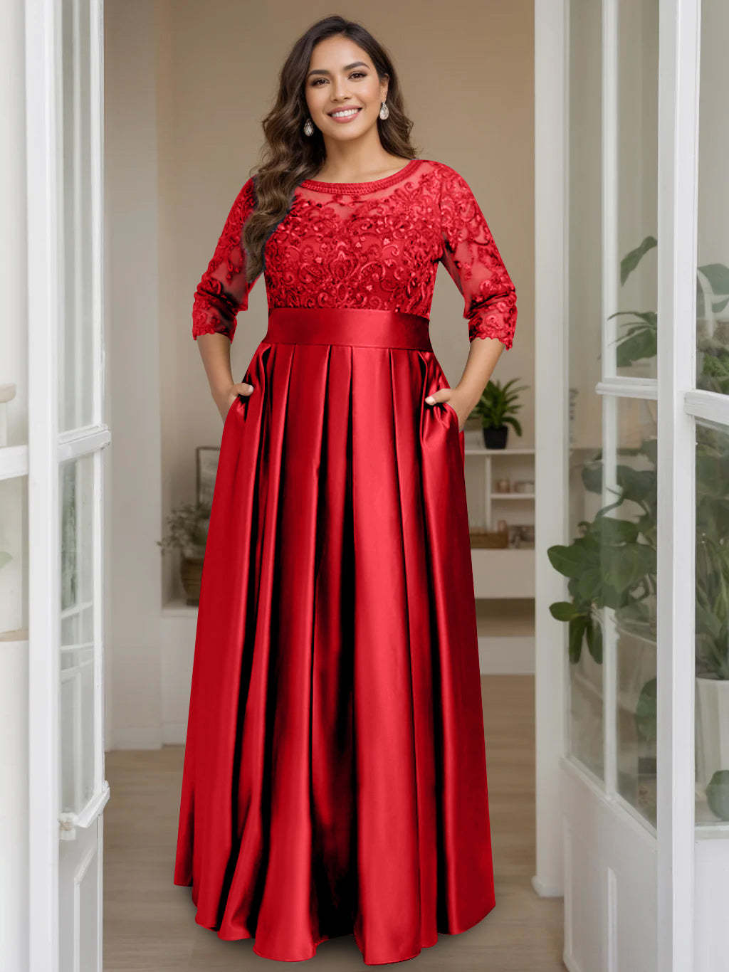 Plus Size Floor-Length Mother of the Bride A-Line Dress with 3/4 Sleeves Scoop Neck Bow & Sequins-BMbridal