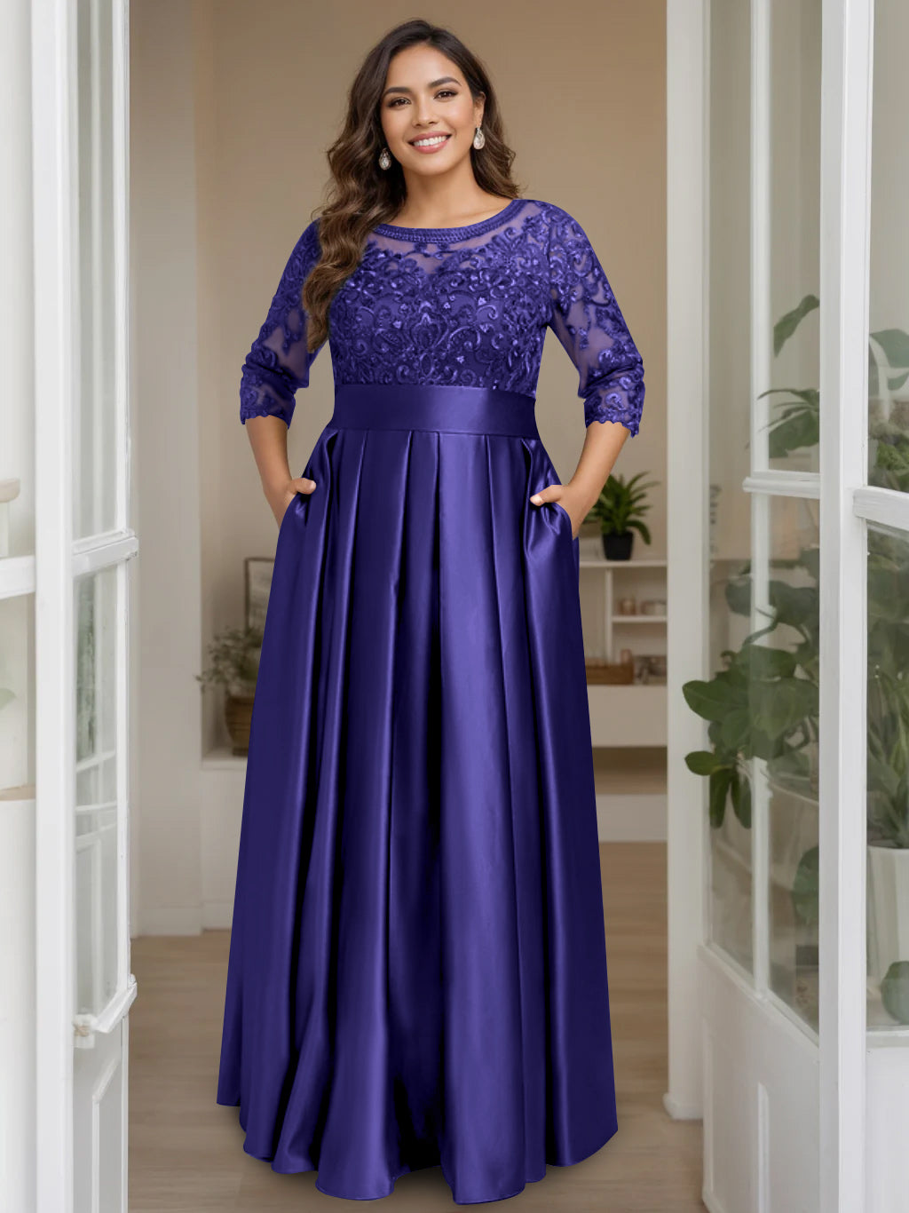Plus Size Floor-Length Mother of the Bride A-Line Dress with 3/4 Sleeves Scoop Neck Bow & Sequins-BMbridal