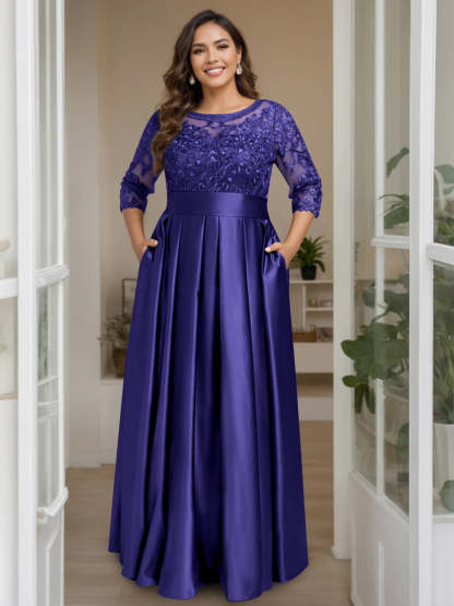Plus Size Floor-Length Mother of the Bride A-Line Dress with 3/4 Sleeves Scoop Neck Bow & Sequins-BMbridal