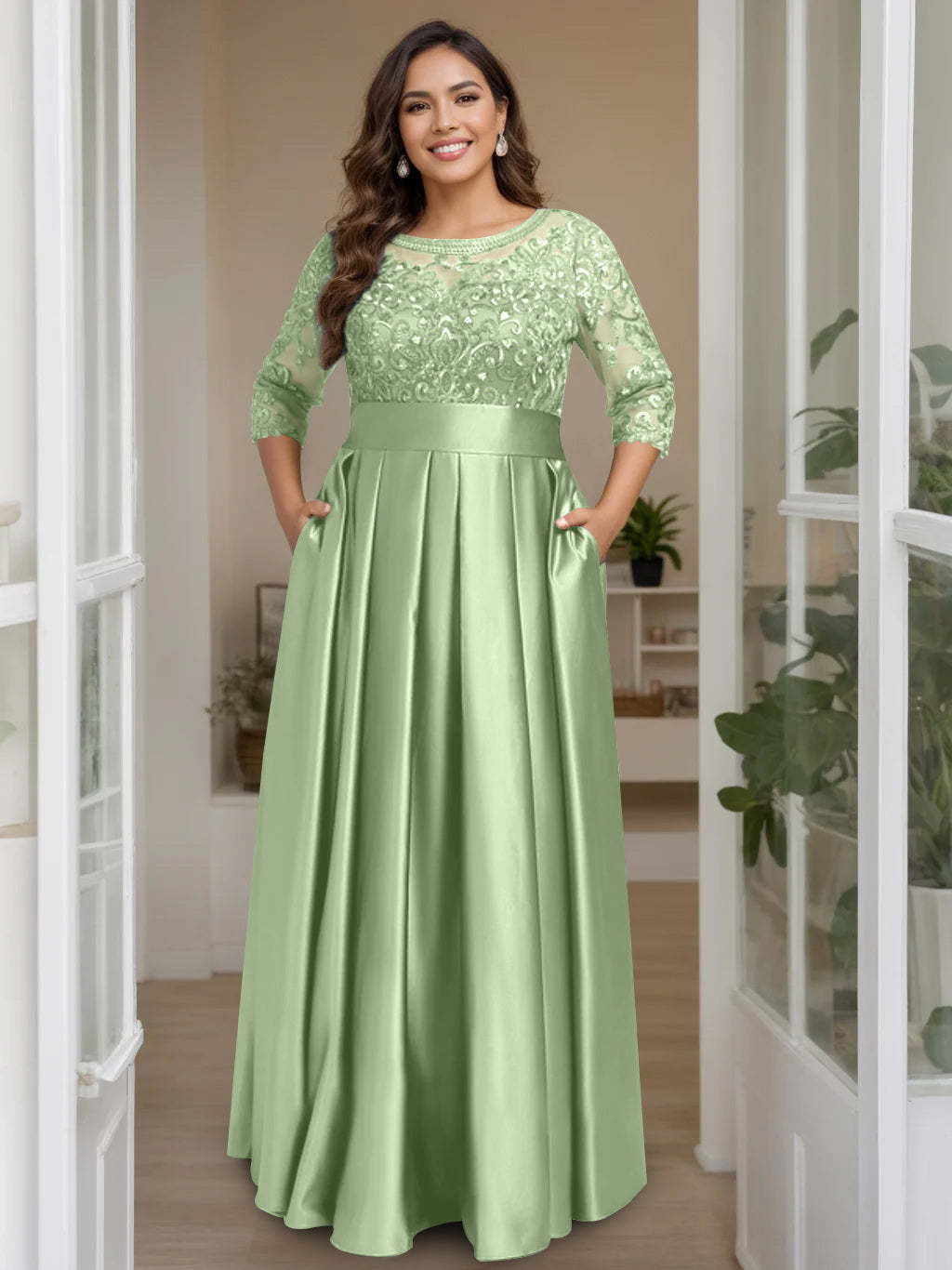 Plus Size Floor-Length Mother of the Bride A-Line Dress with 3/4 Sleeves Scoop Neck Bow & Sequins-BMbridal