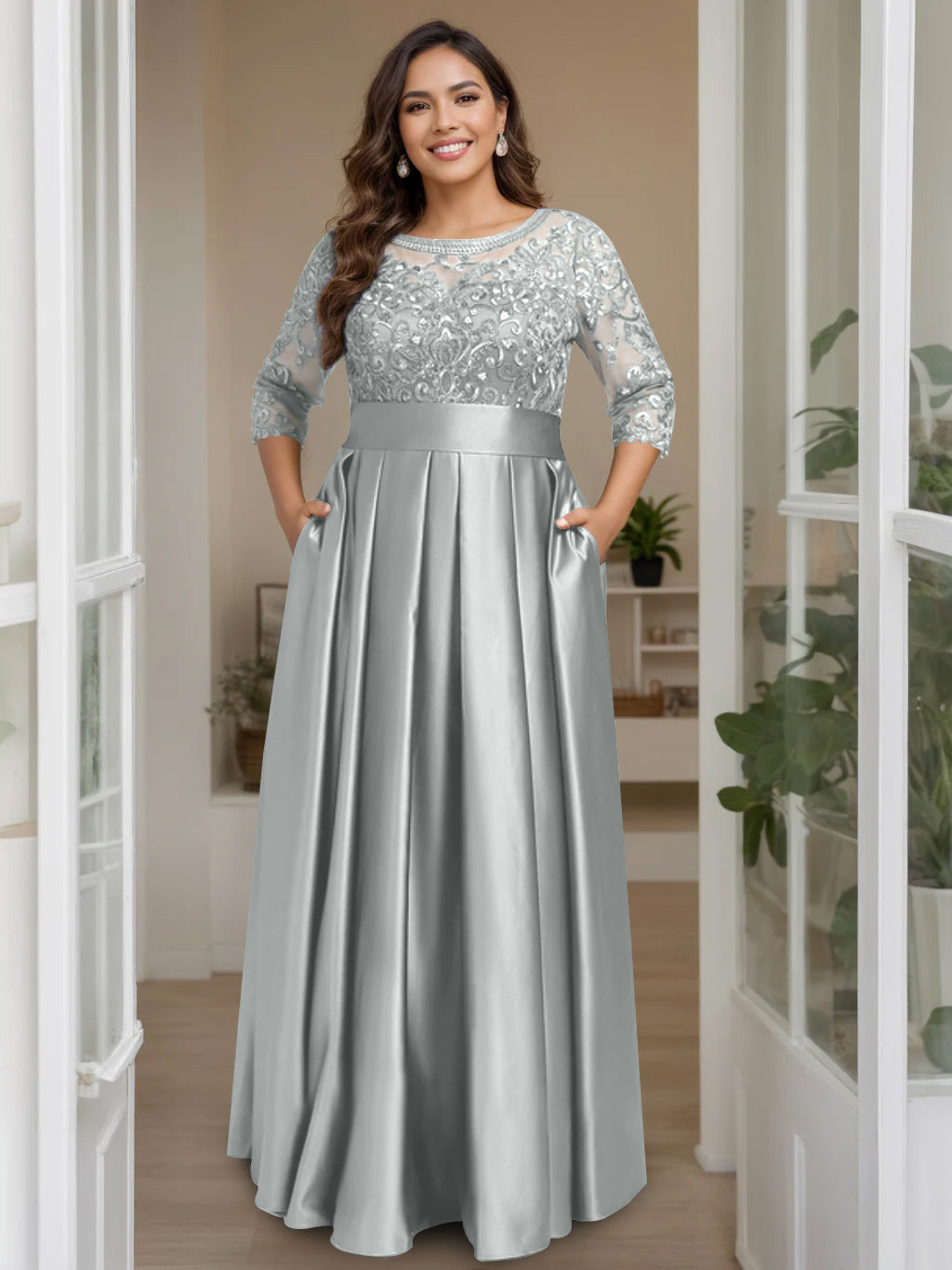 Plus Size Floor-Length Mother of the Bride A-Line Dress with 3/4 Sleeves Scoop Neck Bow & Sequins-BMbridal