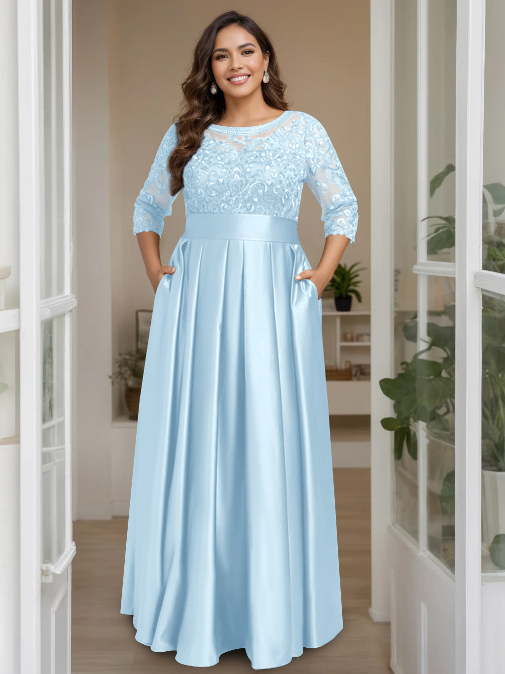 Plus Size Floor-Length Mother of the Bride A-Line Dress with 3/4 Sleeves Scoop Neck Bow & Sequins-BMbridal