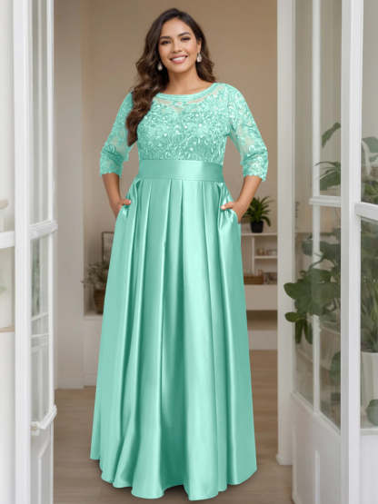 Plus Size Floor-Length Mother of the Bride A-Line Dress with 3/4 Sleeves Scoop Neck Bow & Sequins-BMbridal