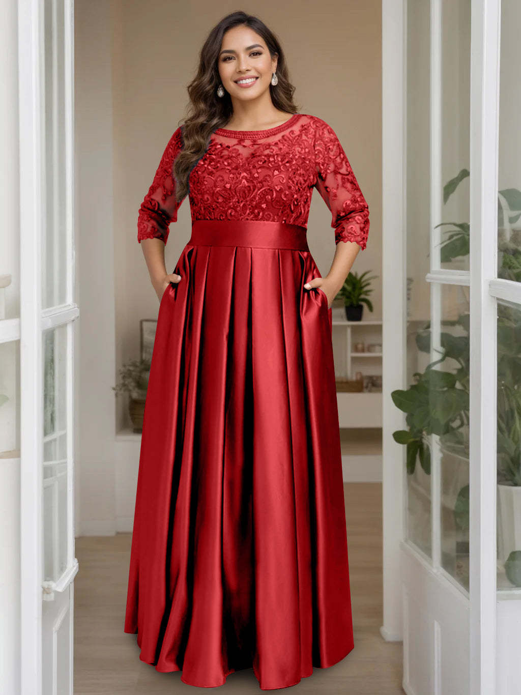 Plus Size Floor-Length Mother of the Bride A-Line Dress with 3/4 Sleeves Scoop Neck Bow & Sequins-BMbridal
