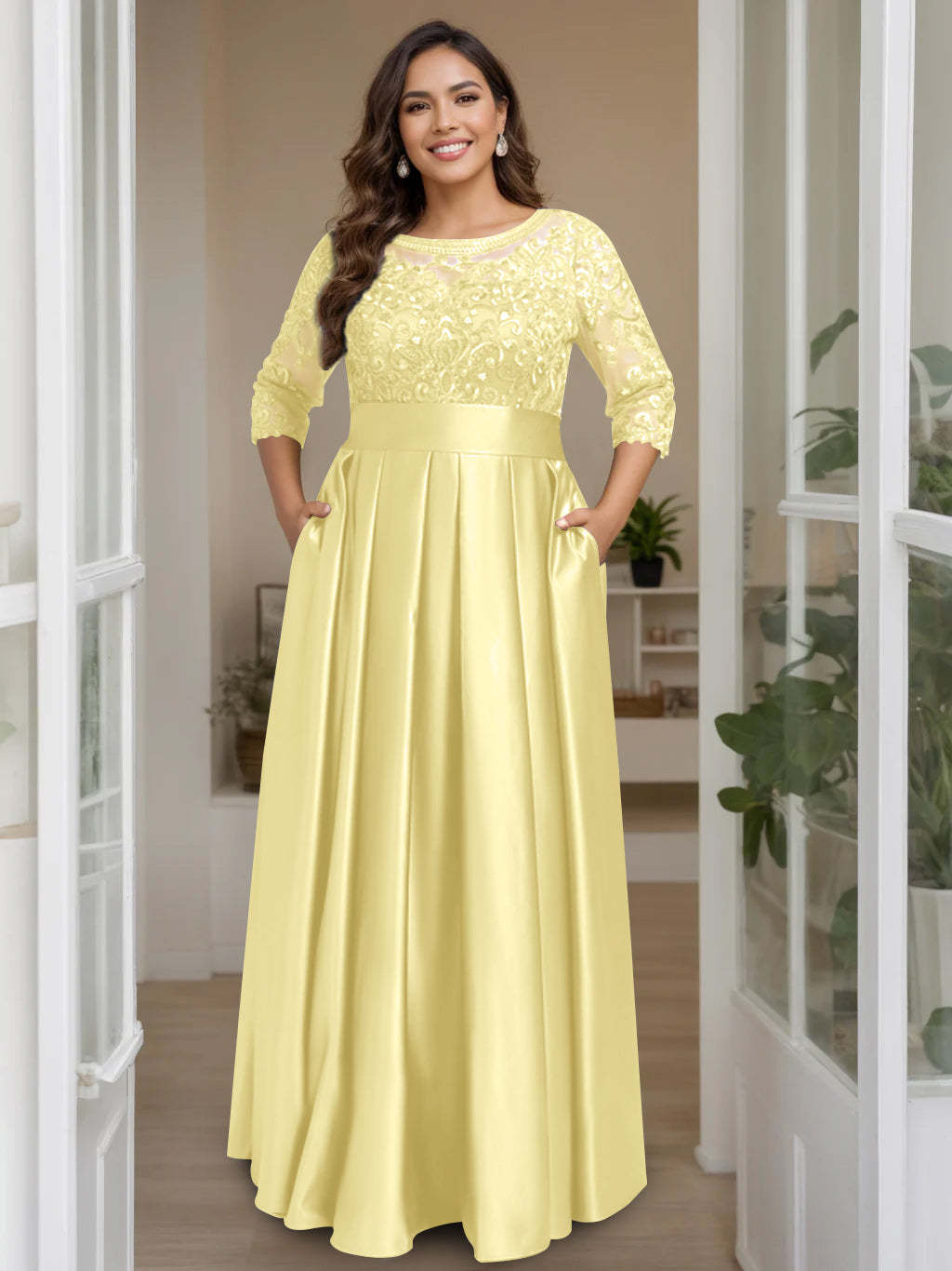 Plus Size Floor-Length Mother of the Bride A-Line Dress with 3/4 Sleeves Scoop Neck Bow & Sequins-BMbridal