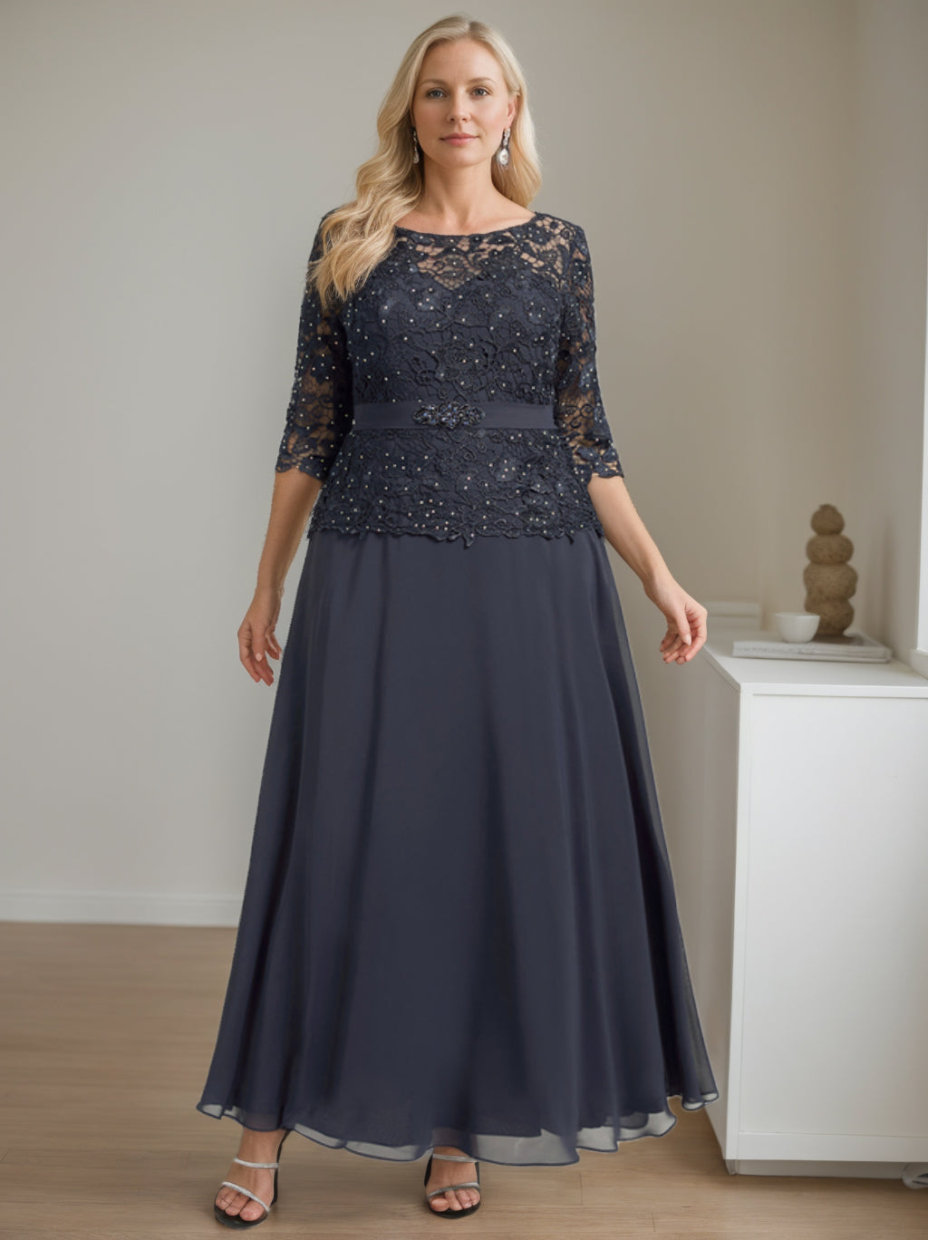 Plus Size A-Line Princess Scoop Neck Ankle-Length Mother of the Bride Dress with Beading and Rhinestones-BMbridal