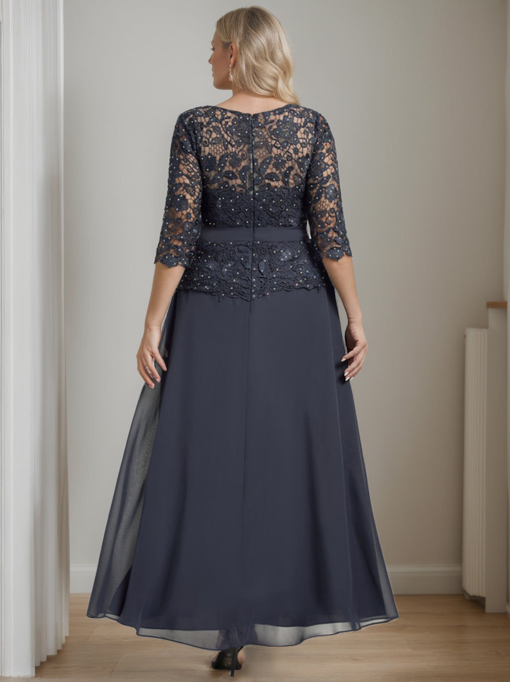 Plus Size A-Line Princess Scoop Neck Ankle-Length Mother of the Bride Dress with Beading and Rhinestones-BMbridal
