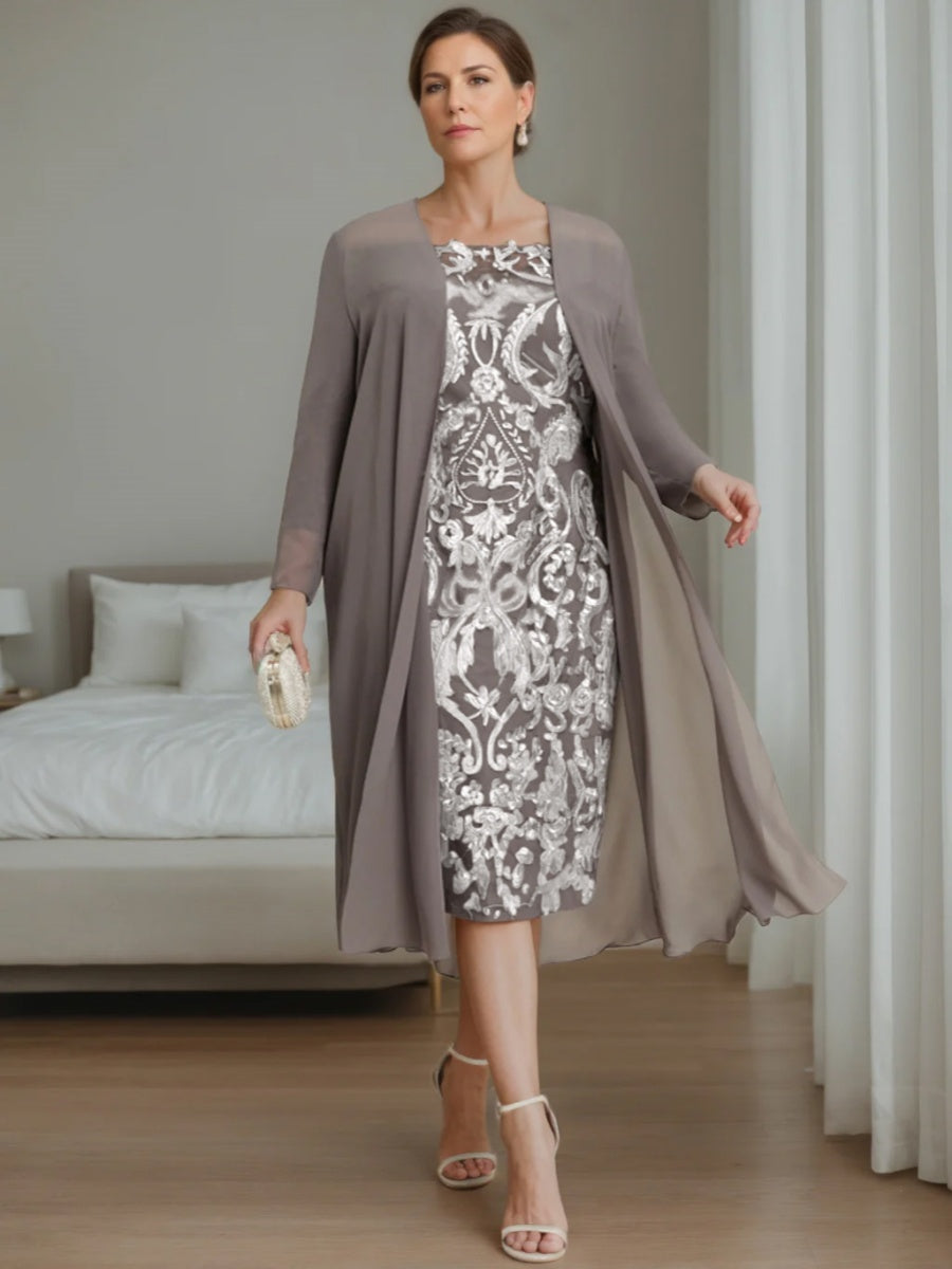 Off-the-Shoulder Plus Size Mother of the Bride Dress with 3/4 Sleeves and Jacket Knee-Length Sheath/Column Style-BMbridal
