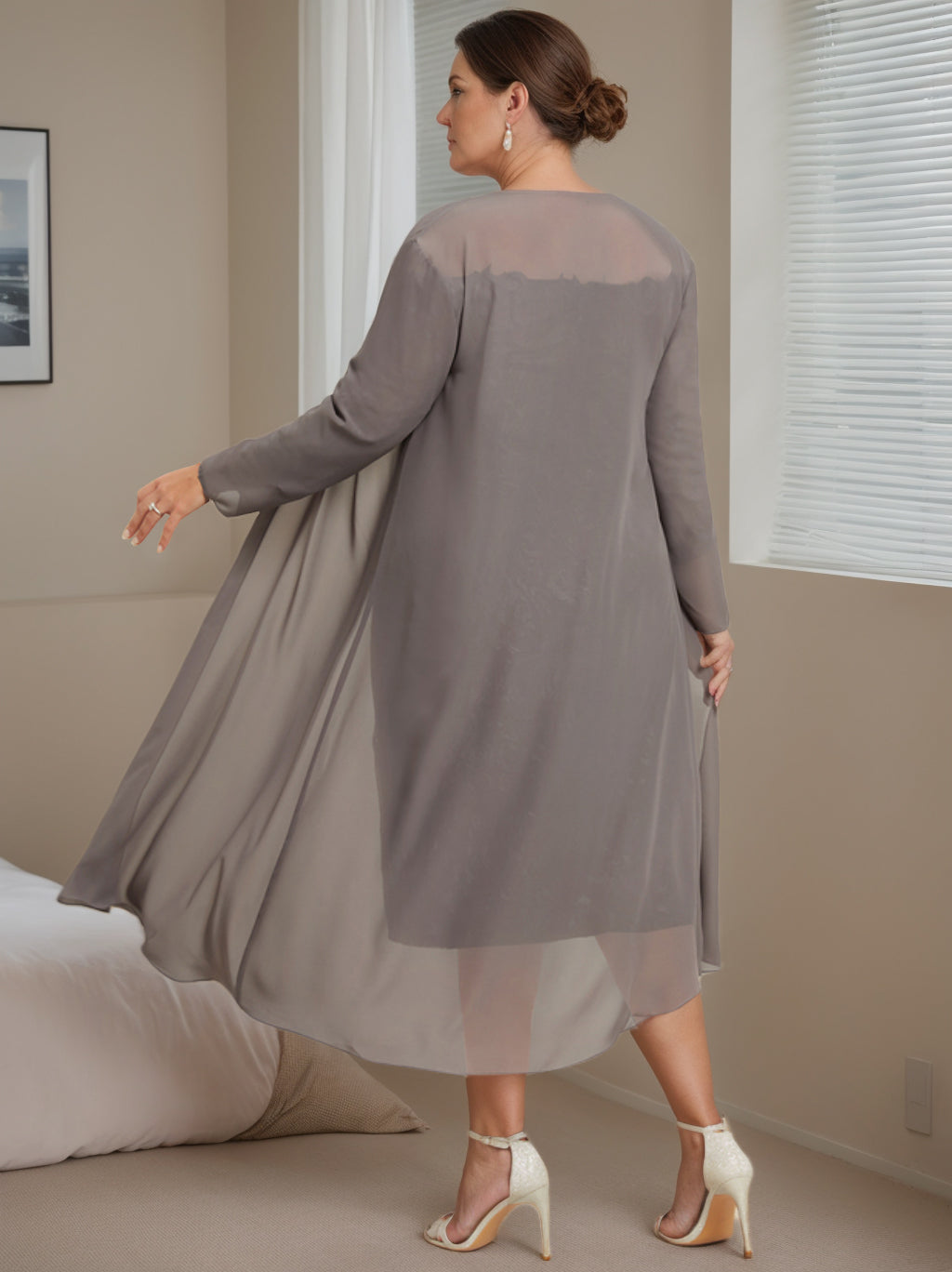 Off-the-Shoulder Plus Size Mother of the Bride Dress with 3/4 Sleeves and Jacket Knee-Length Sheath/Column Style-BMbridal