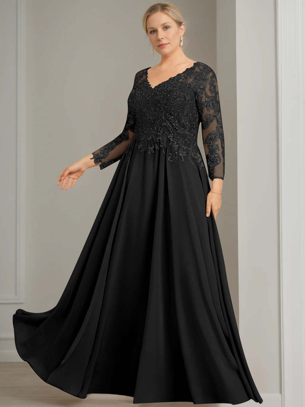 V-Neck A-Line Princess Gown with 3/4 Sleeves and Sequins for Plus-Size Mother of the Bride-BMbridal