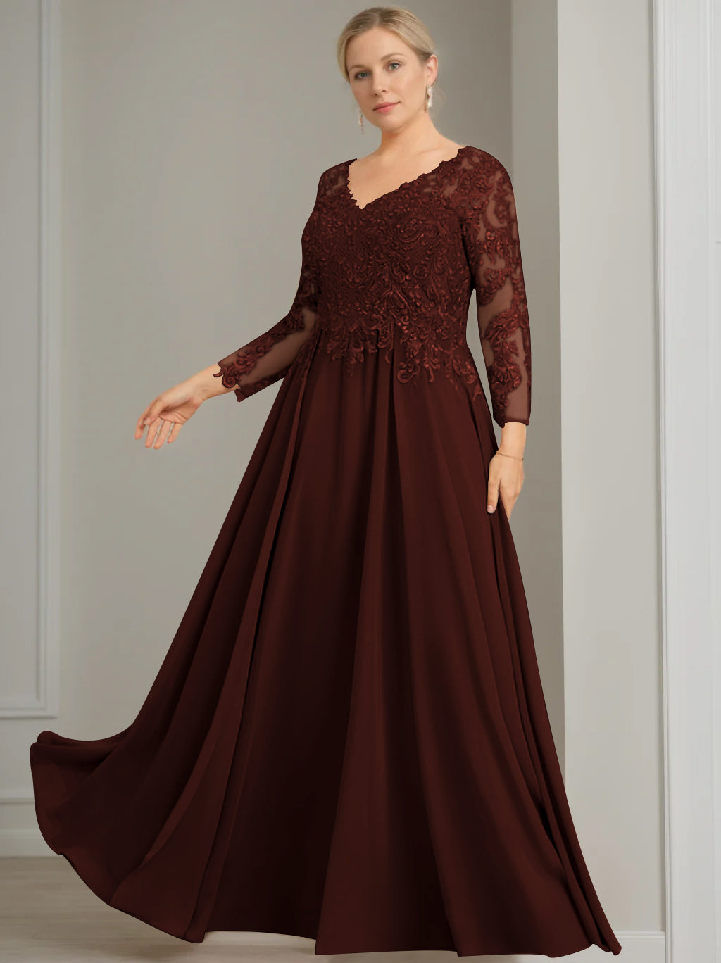 V-Neck A-Line Princess Gown with 3/4 Sleeves and Sequins for Plus-Size Mother of the Bride-BMbridal