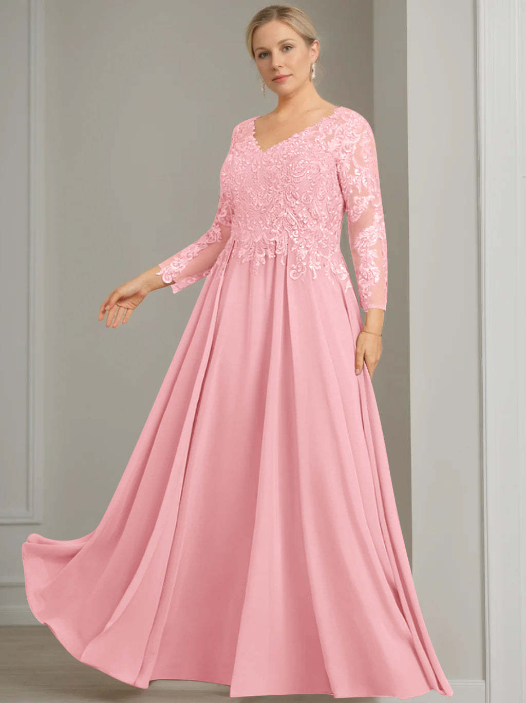 V-Neck A-Line Princess Gown with 3/4 Sleeves and Sequins for Plus-Size Mother of the Bride-BMbridal