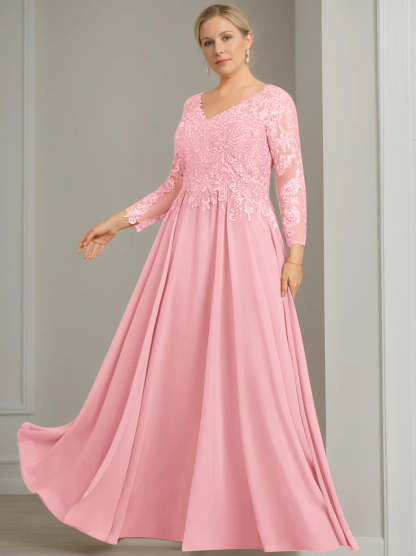V-Neck A-Line Princess Gown with 3/4 Sleeves and Sequins for Plus-Size Mother of the Bride-BMbridal