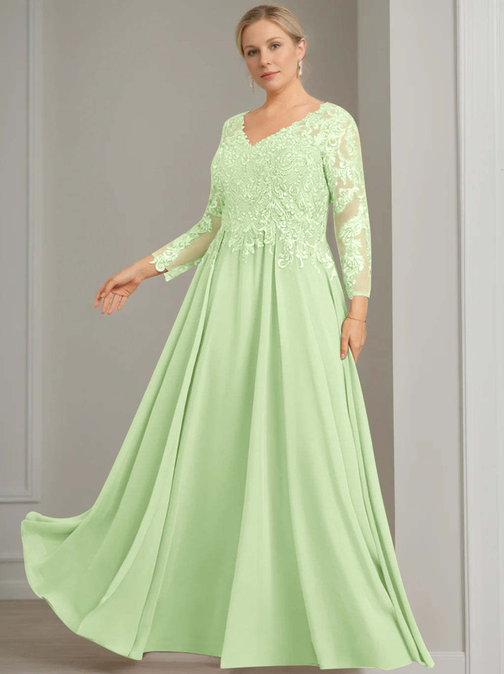 V-Neck A-Line Princess Gown with 3/4 Sleeves and Sequins for Plus-Size Mother of the Bride-BMbridal