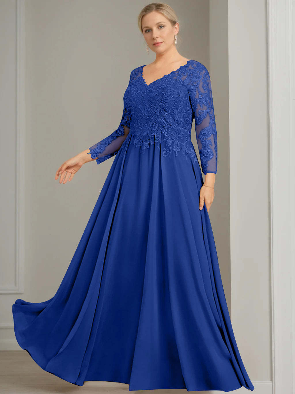 V-Neck A-Line Princess Gown with 3/4 Sleeves and Sequins for Plus-Size Mother of the Bride-BMbridal