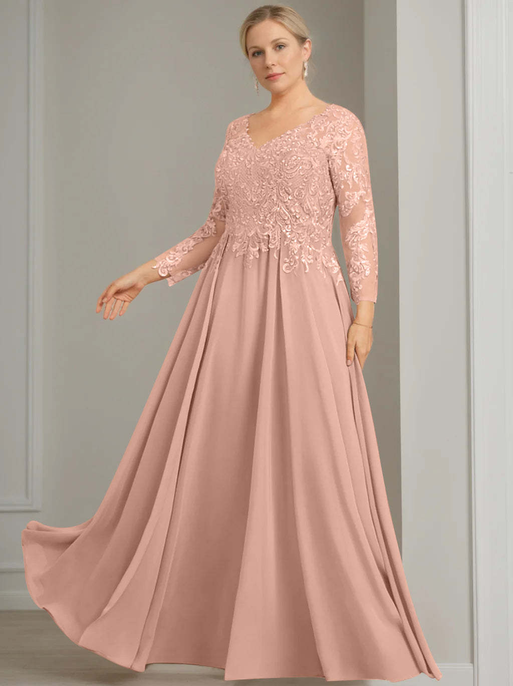 V-Neck A-Line Princess Gown with 3/4 Sleeves and Sequins for Plus-Size Mother of the Bride-BMbridal