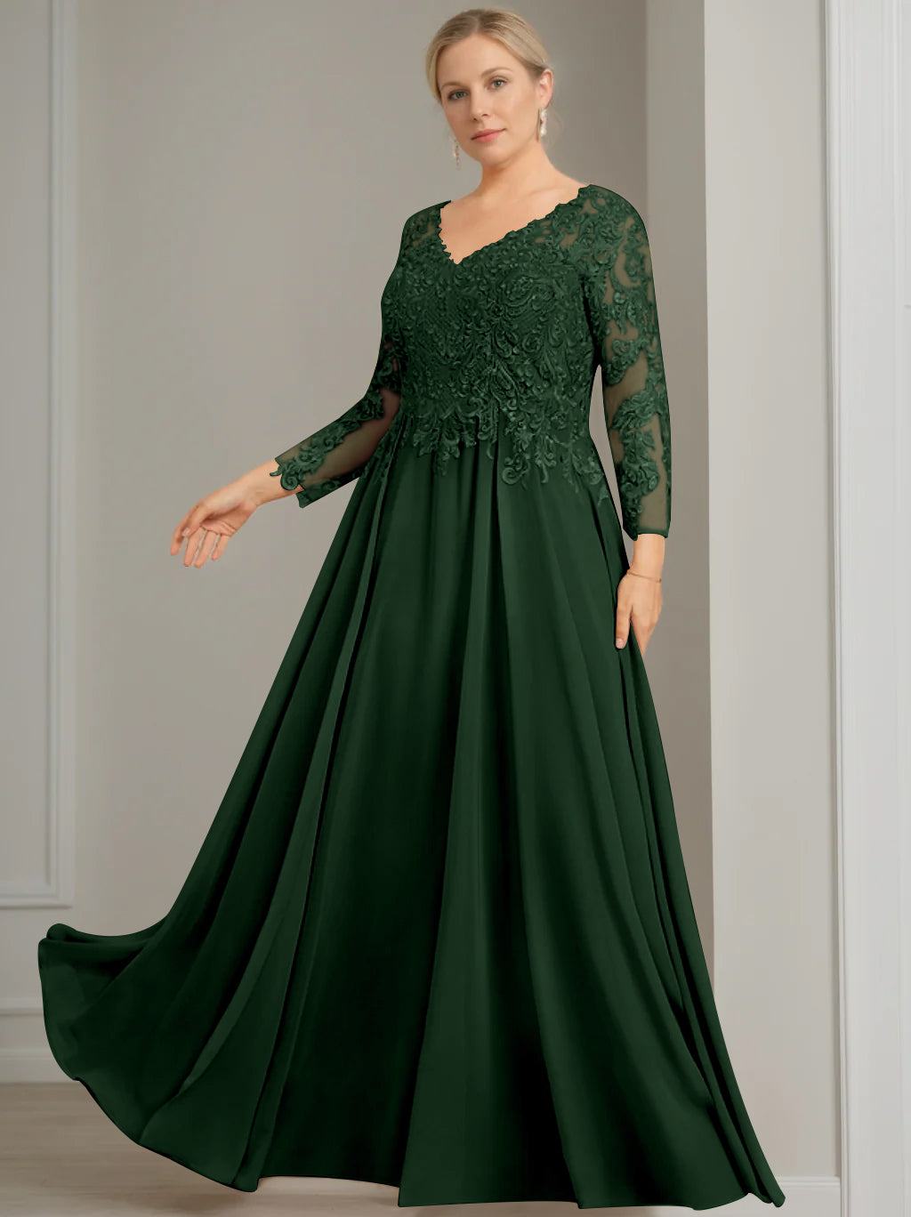 V-Neck A-Line Princess Gown with 3/4 Sleeves and Sequins for Plus-Size Mother of the Bride-BMbridal