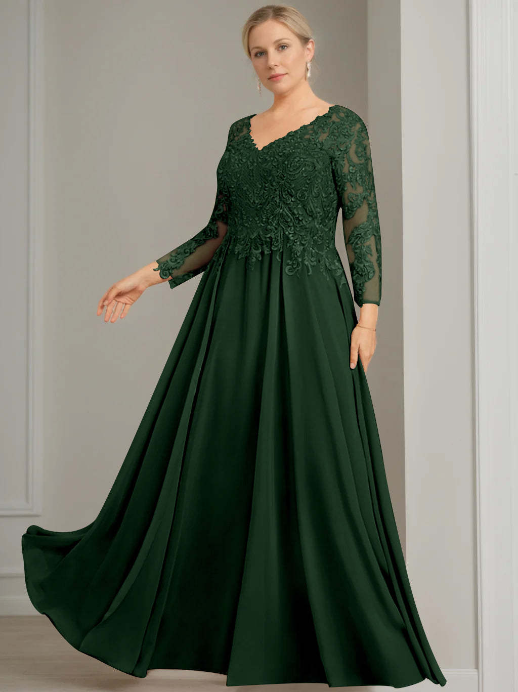 V-Neck A-Line Princess Gown with 3/4 Sleeves and Sequins for Plus-Size Mother of the Bride-BMbridal