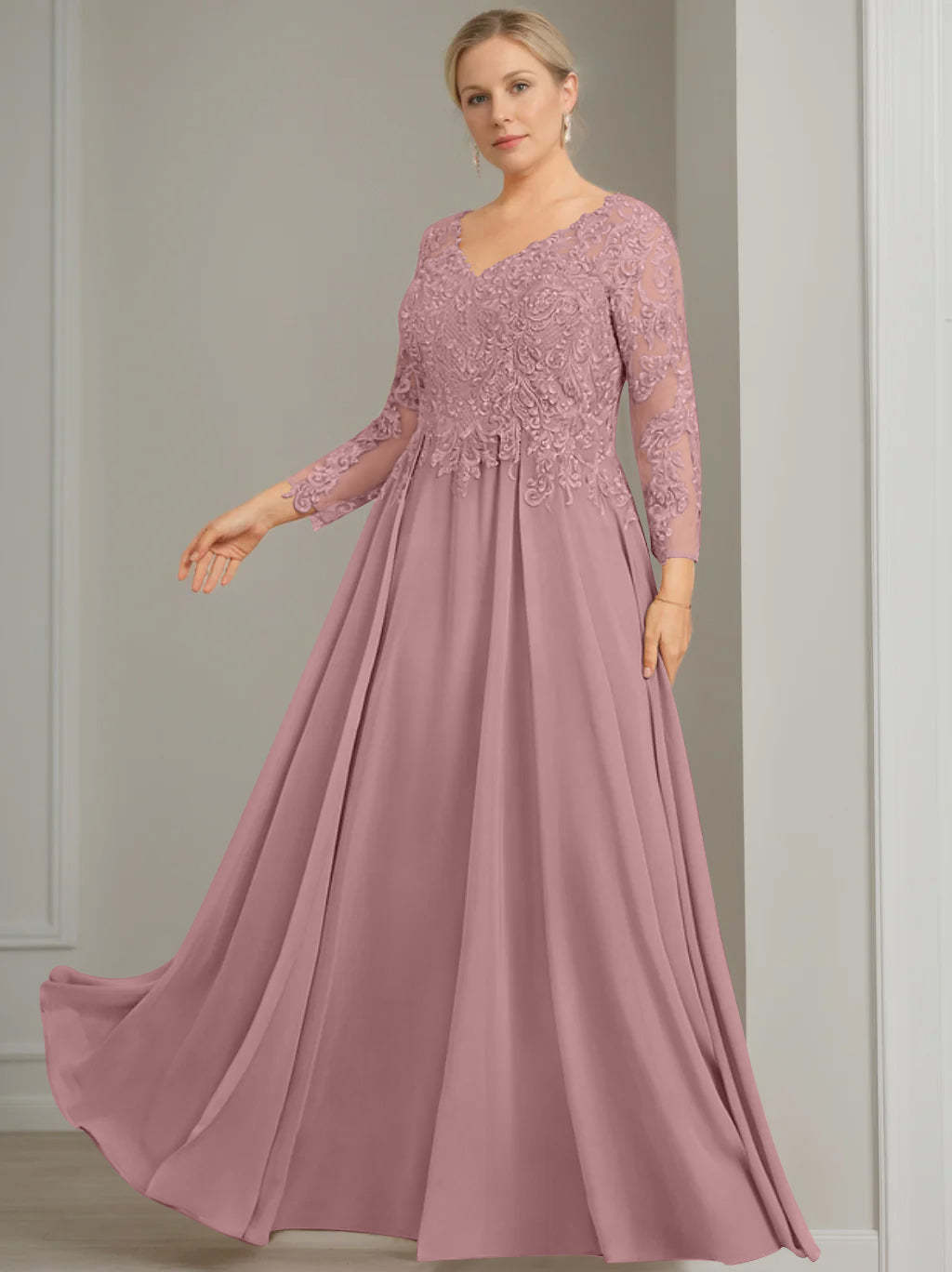 V-Neck A-Line Princess Gown with 3/4 Sleeves and Sequins for Plus-Size Mother of the Bride-BMbridal
