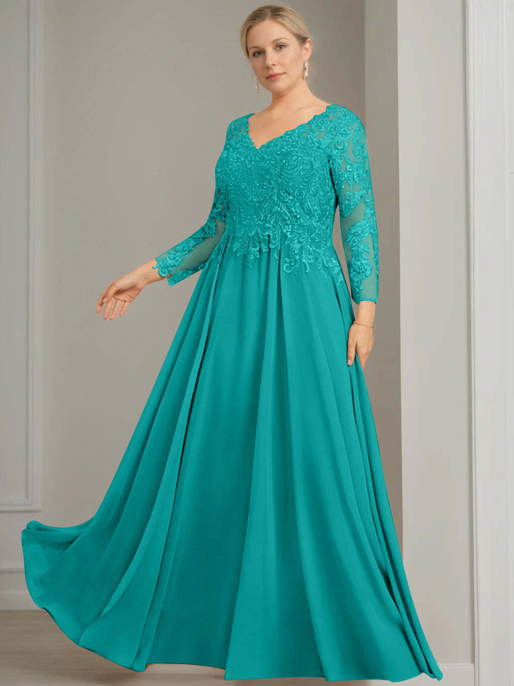V-Neck A-Line Princess Gown with 3/4 Sleeves and Sequins for Plus-Size Mother of the Bride-BMbridal