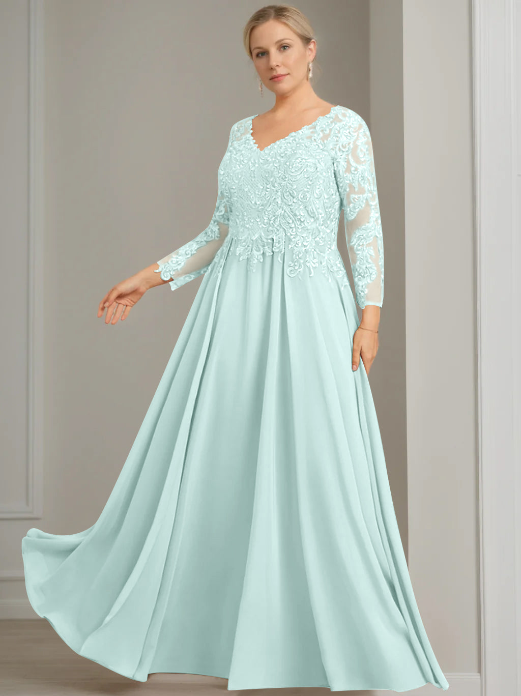 V-Neck A-Line Princess Gown with 3/4 Sleeves and Sequins for Plus-Size Mother of the Bride-BMbridal