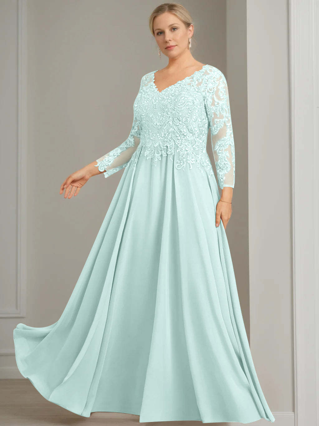 V-Neck A-Line Princess Gown with 3/4 Sleeves and Sequins for Plus-Size Mother of the Bride-BMbridal