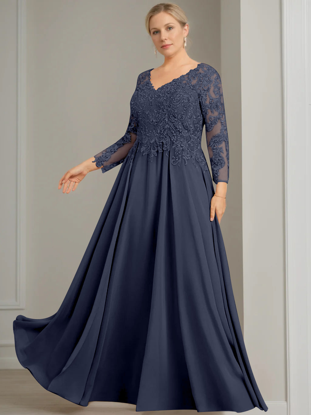 V-Neck A-Line Princess Gown with 3/4 Sleeves and Sequins for Plus-Size Mother of the Bride-BMbridal