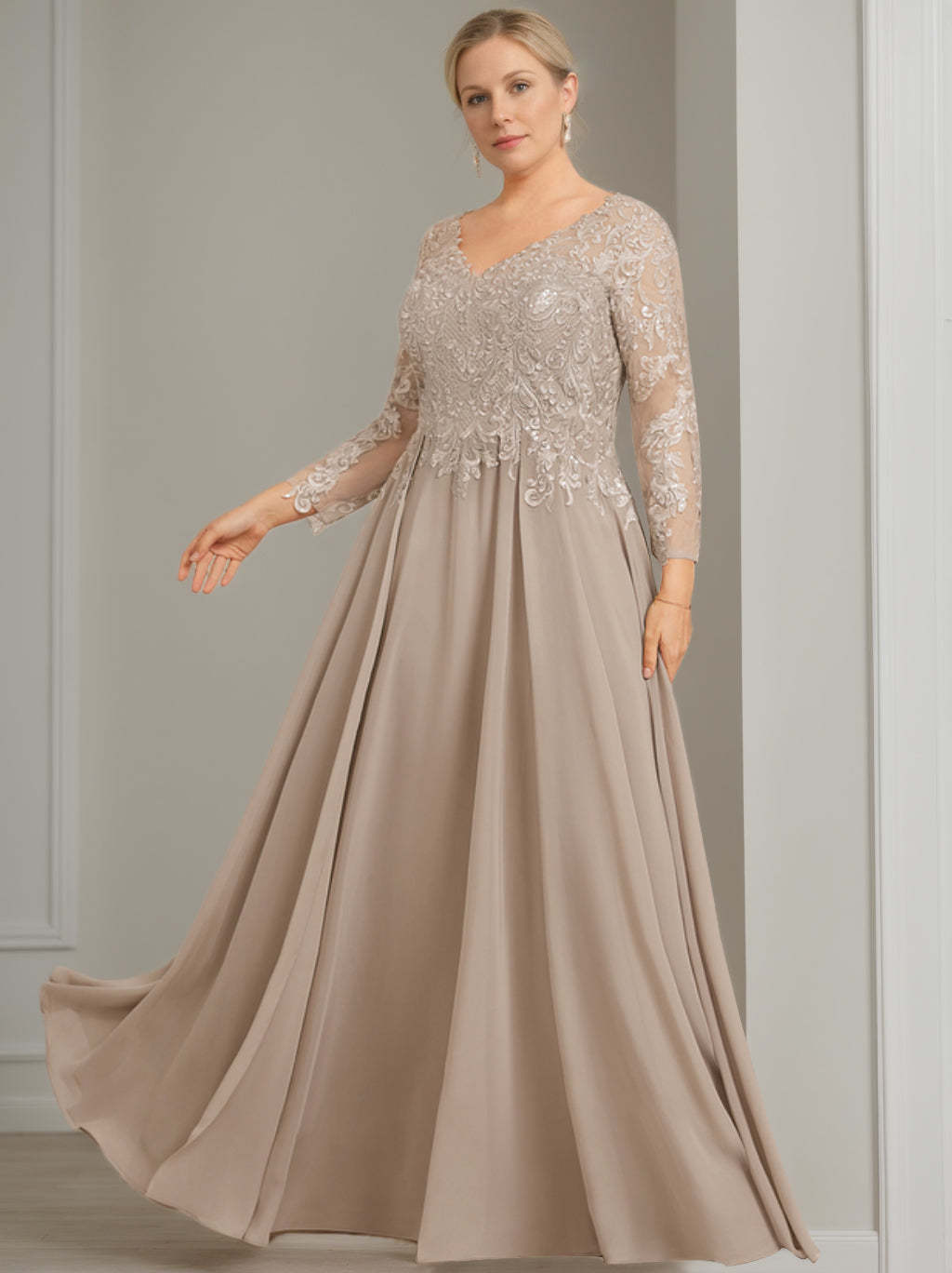 V-Neck A-Line Princess Gown with 3/4 Sleeves and Sequins for Plus-Size Mother of the Bride-BMbridal