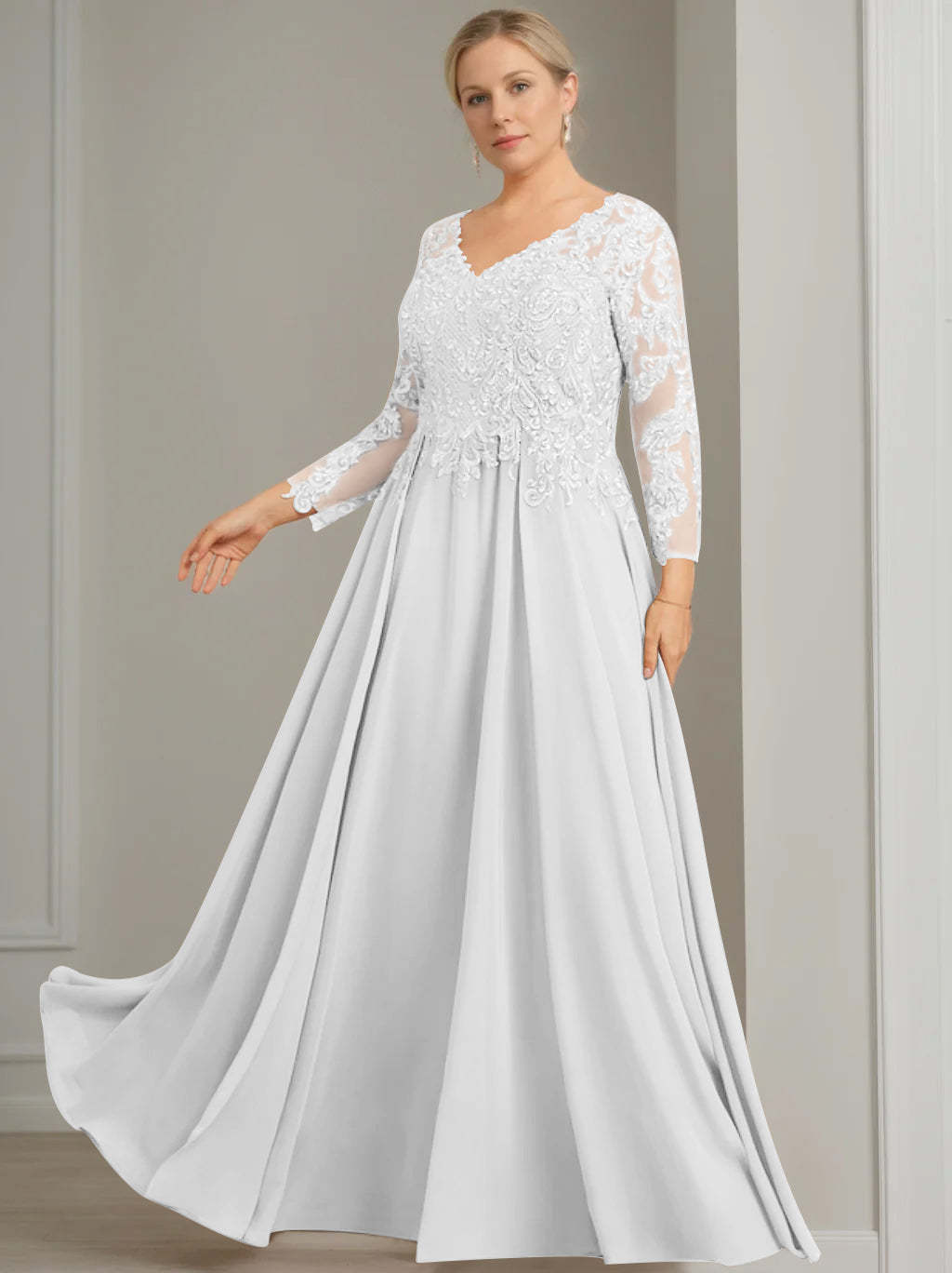 V-Neck A-Line Princess Gown with 3/4 Sleeves and Sequins for Plus-Size Mother of the Bride-BMbridal
