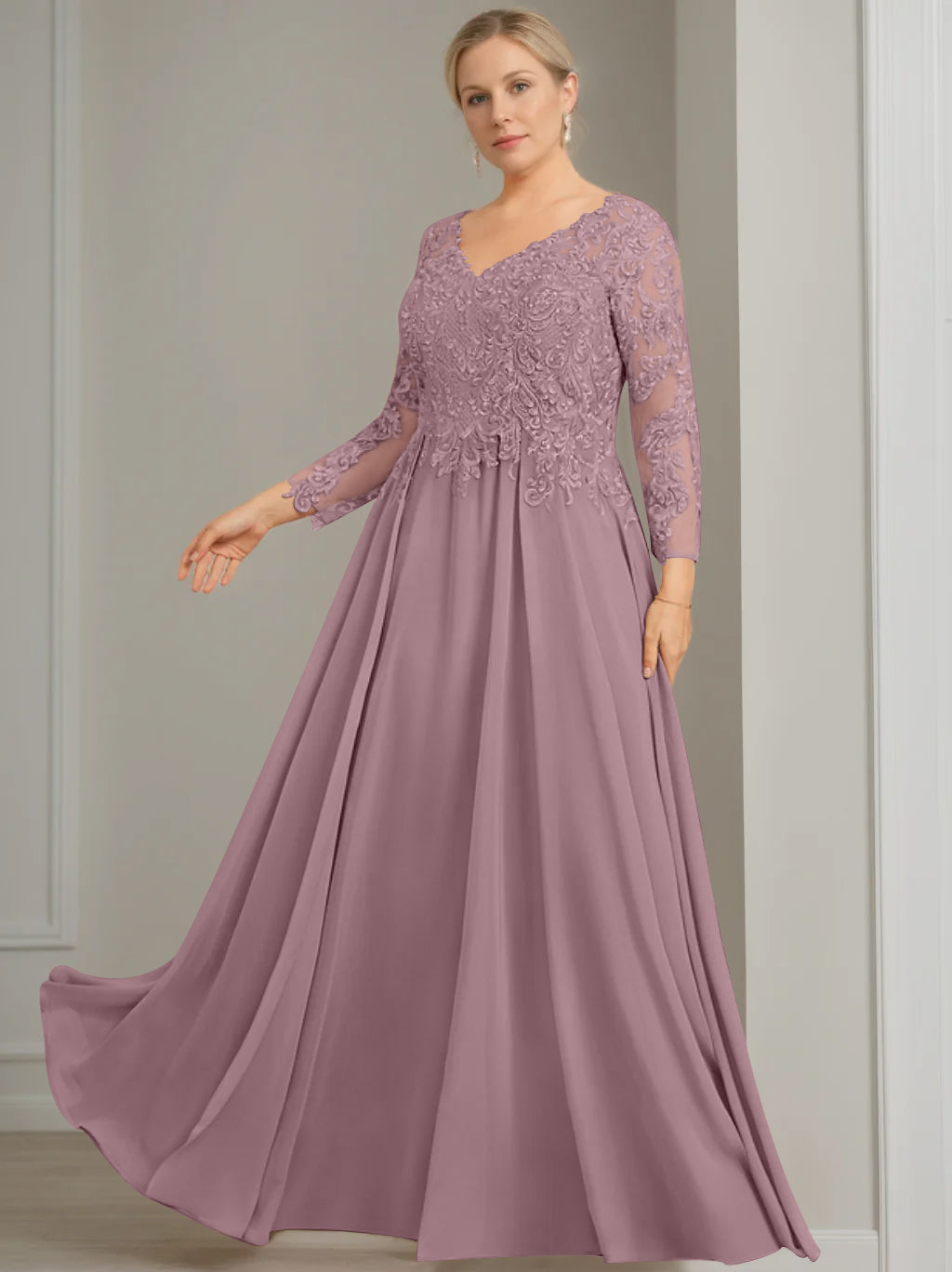 V-Neck A-Line Princess Gown with 3/4 Sleeves and Sequins for Plus-Size Mother of the Bride-BMbridal