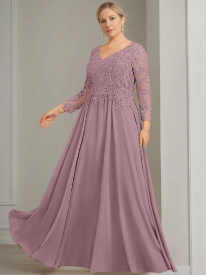 V-Neck A-Line Princess Gown with 3/4 Sleeves and Sequins for Plus-Size Mother of the Bride-BMbridal