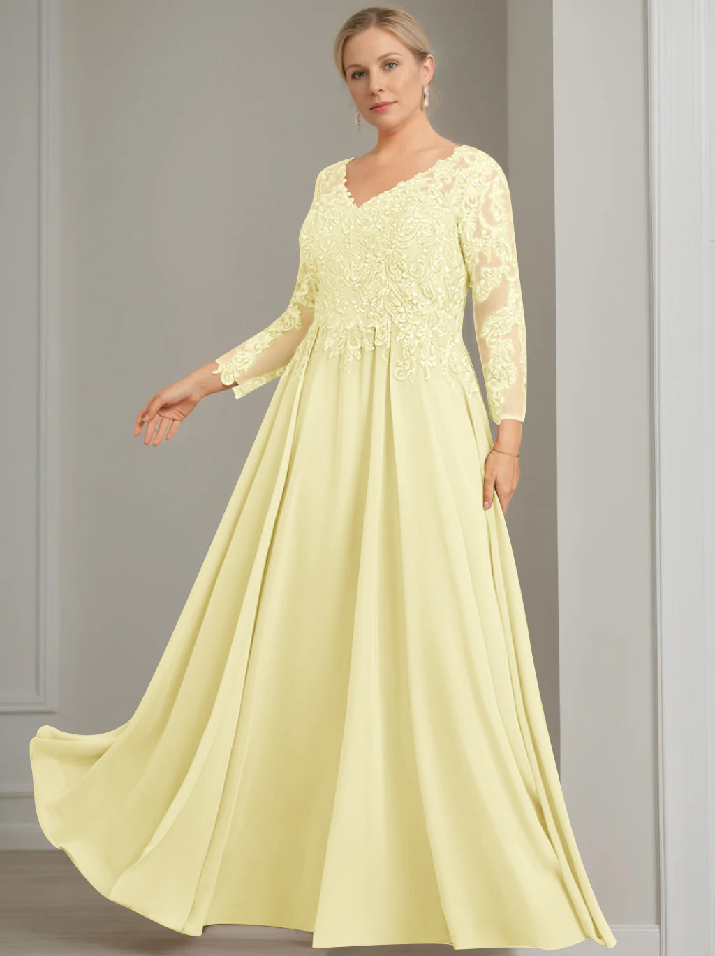 V-Neck A-Line Princess Gown with 3/4 Sleeves and Sequins for Plus-Size Mother of the Bride-BMbridal