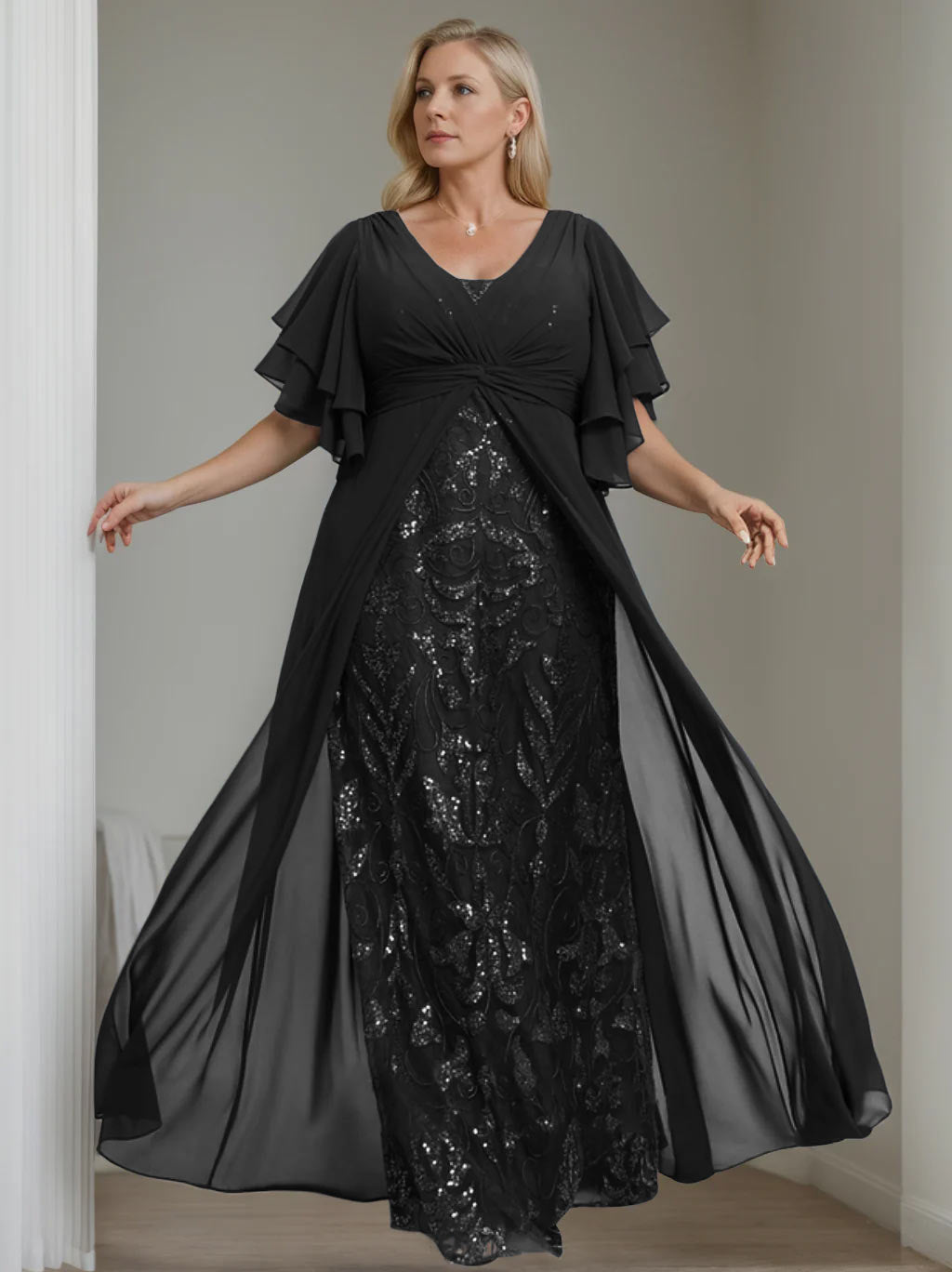 Plus Size Floor-Length Mother of the Bride A-Line Dress with V-Neck and Half Sleeves-BMbridal