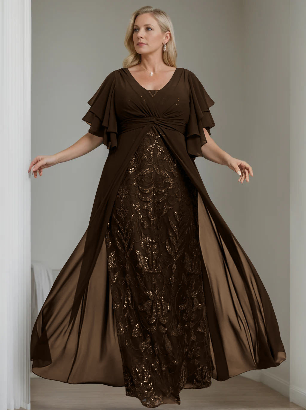 Plus Size Floor-Length Mother of the Bride A-Line Dress with V-Neck and Half Sleeves-BMbridal