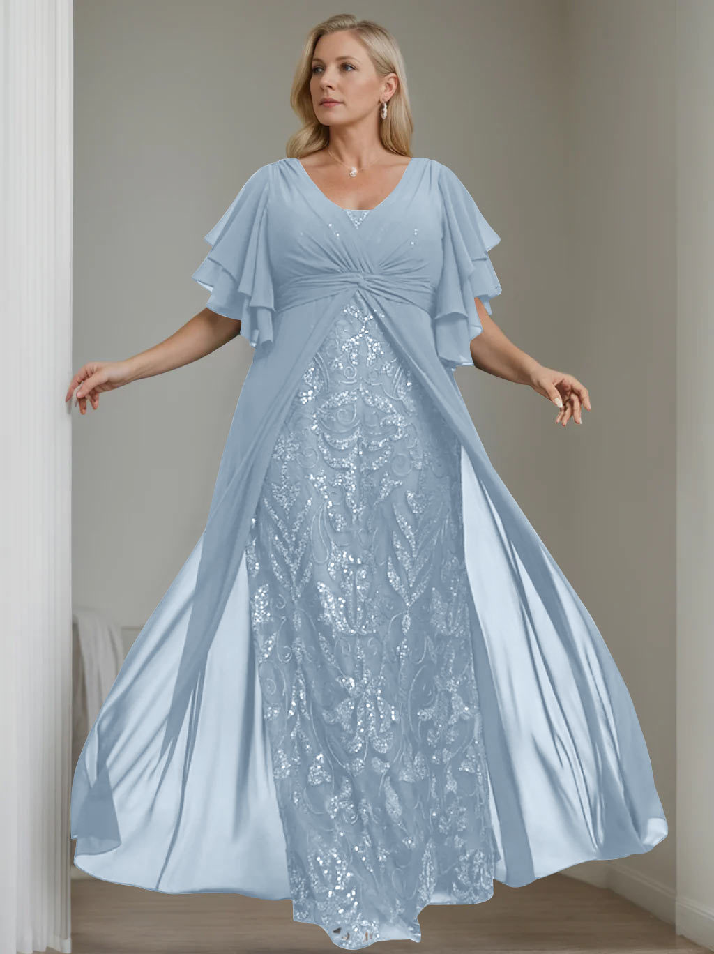 Plus Size Floor-Length Mother of the Bride A-Line Dress with V-Neck and Half Sleeves-BMbridal