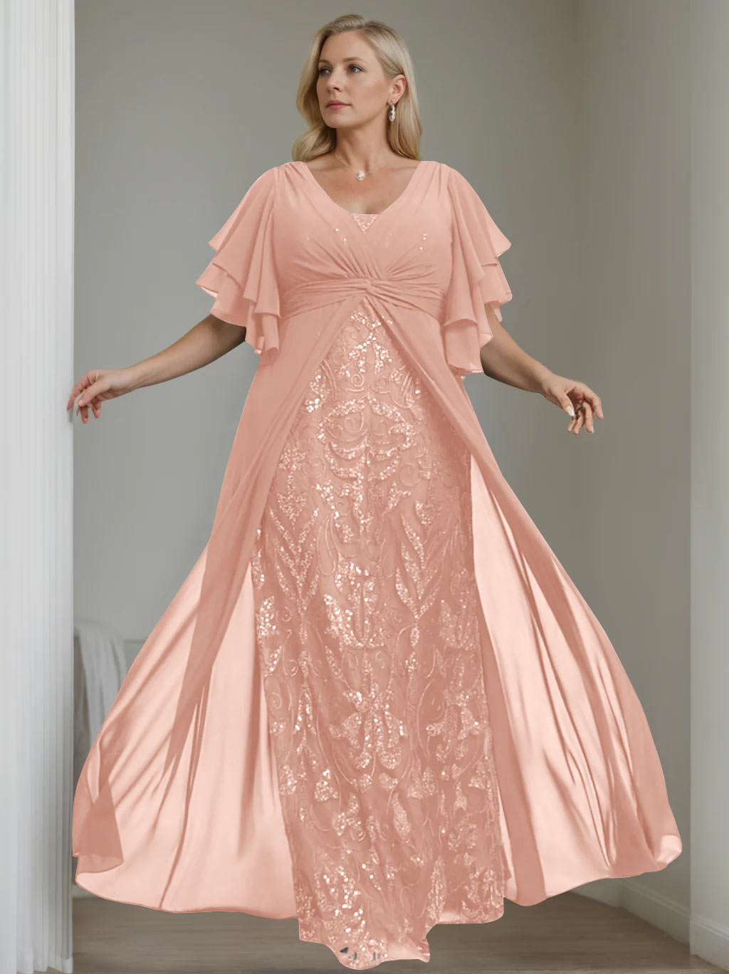 Plus Size Floor-Length Mother of the Bride A-Line Dress with V-Neck and Half Sleeves-BMbridal