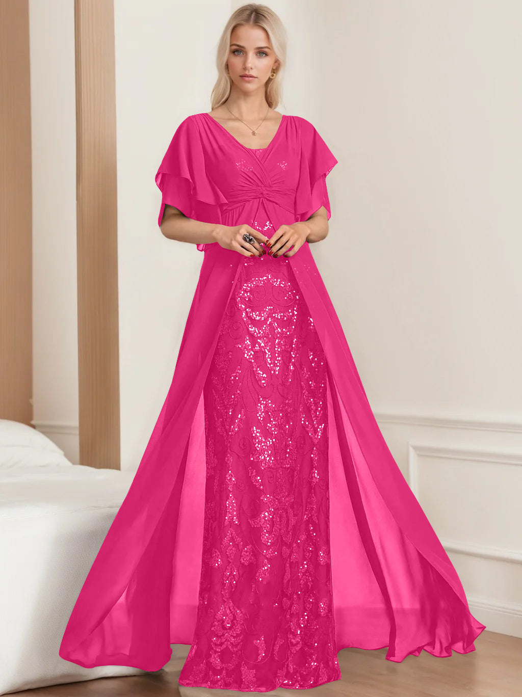 Plus Size Mother of the Bride A-Line Floor-Length Dress with V-Neck and Half Sleeves