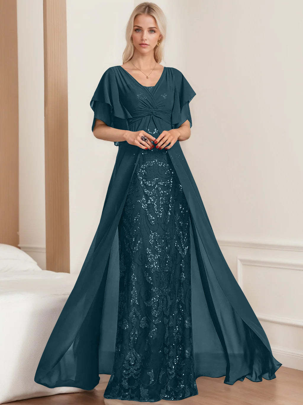 Plus Size Mother of the Bride A-Line Floor-Length Dress with V-Neck and Half Sleeves