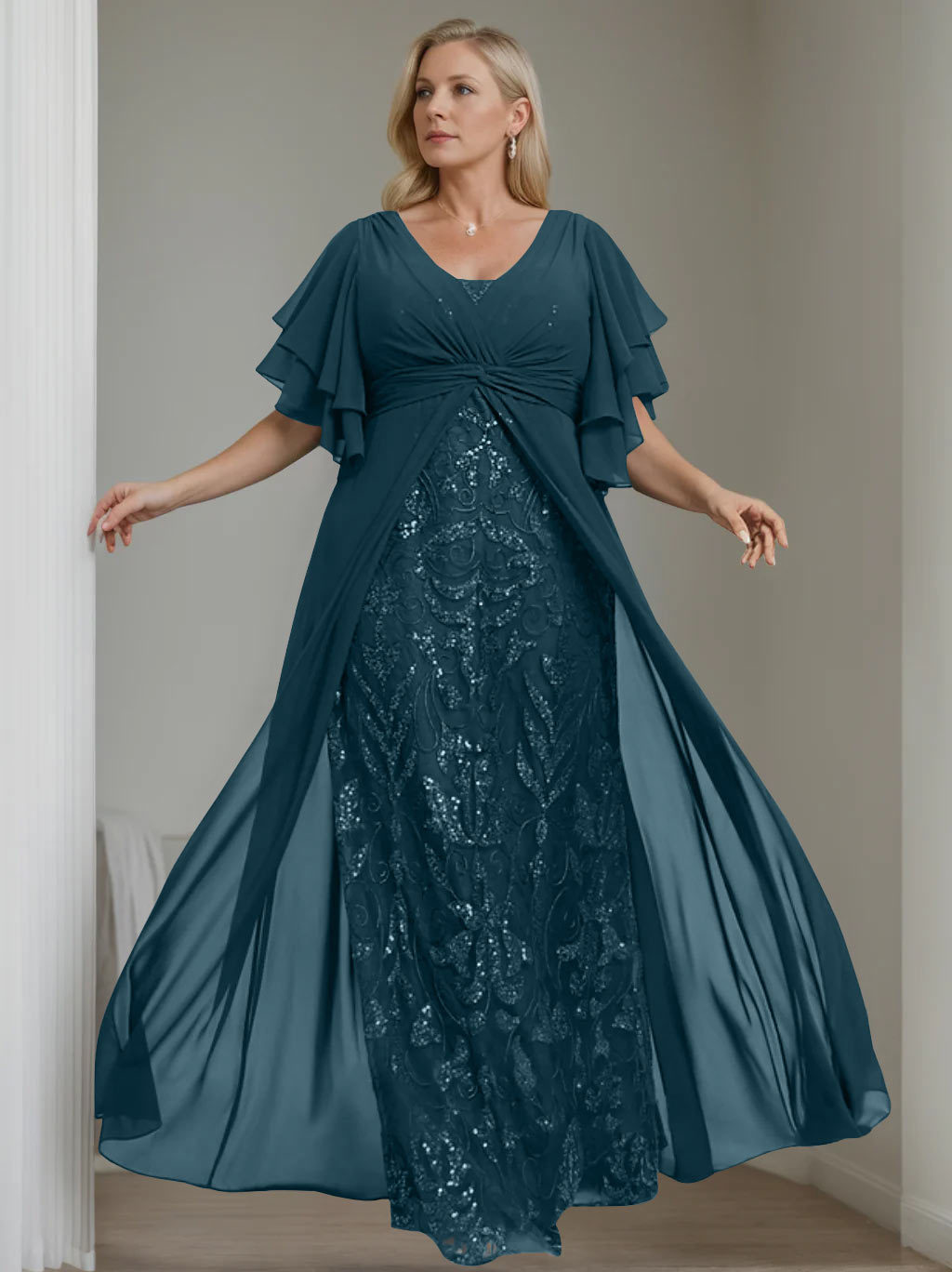 Plus Size Floor-Length Mother of the Bride A-Line Dress with V-Neck and Half Sleeves-BMbridal
