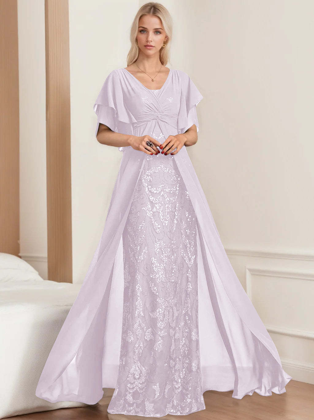 Plus Size Mother of the Bride A-Line Floor-Length Dress with V-Neck and Half Sleeves